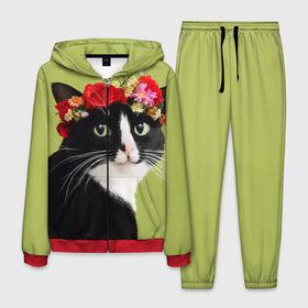 Мужской костюм 3D с принтом Кот и цветы в Белгороде, 100% полиэстер | Манжеты и пояс оформлены тканевой резинкой, двухслойный капюшон со шнурком для регулировки, карманы спереди | cat | домашние животные | кот | коты | кошка | кошки | цветы | черный кот