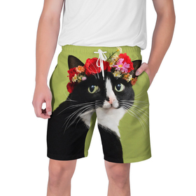 Мужские шорты 3D с принтом Кот и цветы в Тюмени,  полиэстер 100% | прямой крой, два кармана без застежек по бокам. Мягкая трикотажная резинка на поясе, внутри которой широкие завязки. Длина чуть выше колен | cat | домашние животные | кот | коты | кошка | кошки | цветы | черный кот