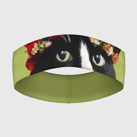 Повязка на голову 3D с принтом Кот и цветы в Новосибирске,  |  | cat | домашние животные | кот | коты | кошка | кошки | цветы | черный кот