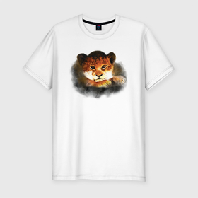 Мужская футболка хлопок Slim с принтом Львенок акварельный в Белгороде, 92% хлопок, 8% лайкра | приталенный силуэт, круглый вырез ворота, длина до линии бедра, короткий рукав | africa | animal | cat | cute | kid | lion | lion cub | orange | африка | животное | кошка | лев | львенок | малыш | милый | оранжевый