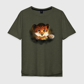 Мужская футболка хлопок Oversize с принтом Львенок акварельный в Екатеринбурге, 100% хлопок | свободный крой, круглый ворот, “спинка” длиннее передней части | Тематика изображения на принте: africa | animal | cat | cute | kid | lion | lion cub | orange | африка | животное | кошка | лев | львенок | малыш | милый | оранжевый