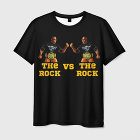 Мужская футболка 3D с принтом The ROCK VS The ROCK в Санкт-Петербурге, 100% полиэфир | прямой крой, круглый вырез горловины, длина до линии бедер | versus | двойники | дуэйн джонсон | жёлтый | пояс | скала против скалы | чёрный