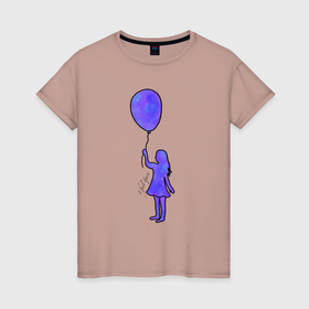 Женская футболка хлопок с принтом Девочка с шариком в Петрозаводске, 100% хлопок | прямой крой, круглый вырез горловины, длина до линии бедер, слегка спущенное плечо | акварель | воздушный шарик | девочка | космос