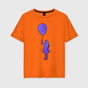 Женская футболка хлопок Oversize с принтом Девочка с шариком в Петрозаводске, 100% хлопок | свободный крой, круглый ворот, спущенный рукав, длина до линии бедер
 | акварель | воздушный шарик | девочка | космос