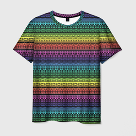 Мужская футболка 3D с принтом Этнический радужный орнамент в Курске, 100% полиэфир | прямой крой, круглый вырез горловины, длина до линии бедер | Тематика изображения на принте: ажурный | желтый | красный | неоновый | орнамент | полосатый | популярный | радуга | разноцветный | современный | фиолетовый | этнический