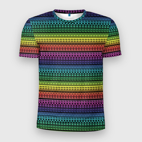 Мужская футболка 3D Slim с принтом Этнический радужный орнамент в Екатеринбурге, 100% полиэстер с улучшенными характеристиками | приталенный силуэт, круглая горловина, широкие плечи, сужается к линии бедра | ажурный | желтый | красный | неоновый | орнамент | полосатый | популярный | радуга | разноцветный | современный | фиолетовый | этнический