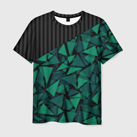 Мужская футболка 3D с принтом Геометрический узор в Тюмени, 100% полиэфир | прямой крой, круглый вырез горловины, длина до линии бедер | Тематика изображения на принте: геометрический | зеленый | зеленый и черный | изумрудный | комбинированный | мужской | полигональный | полосатый | современный