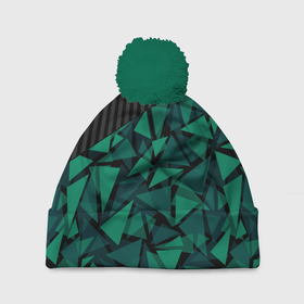 Шапка 3D c помпоном с принтом Геометрический узор в Новосибирске, 100% полиэстер | универсальный размер, печать по всей поверхности изделия | геометрический | зеленый | зеленый и черный | изумрудный | комбинированный | мужской | полигональный | полосатый | современный