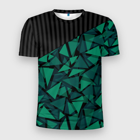 Мужская футболка 3D Slim с принтом Геометрический узор в Новосибирске, 100% полиэстер с улучшенными характеристиками | приталенный силуэт, круглая горловина, широкие плечи, сужается к линии бедра | геометрический | зеленый | зеленый и черный | изумрудный | комбинированный | мужской | полигональный | полосатый | современный