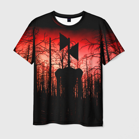 Мужская футболка 3D с принтом Сиреноголовый Кровавый Лес в Екатеринбурге, 100% полиэфир | прямой крой, круглый вырез горловины, длина до линии бедер | forest | games | monster | night | siren head | детям | игры | лес | монстр | надпись | ночь | сирена | сиреноголовый | солнце | страшилка | текст | темно | туман | ужастик | хоррор