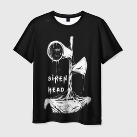 Мужская футболка 3D с принтом Сиреноголовый ЧБ Siren Head в Екатеринбурге, 100% полиэфир | прямой крой, круглый вырез горловины, длина до линии бедер | forest | games | monster | night | siren head | детям | игры | лес | монстр | надпись | ночь | сирена | сиреноголовый | солнце | страшилка | текст | темно | туман | ужастик | хоррор