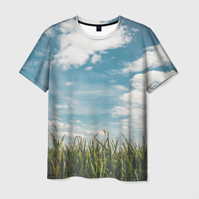 Мужская футболка 3D с принтом Небушко и полюшко в Новосибирске, 100% полиэфир | прямой крой, круглый вырез горловины, длина до линии бедер | небо | облака | пейзаж | поле | русский | славянский | фотопринт