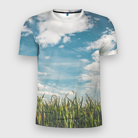 Мужская футболка 3D спортивная с принтом Небушко и полюшко в Тюмени, 100% полиэстер с улучшенными характеристиками | приталенный силуэт, круглая горловина, широкие плечи, сужается к линии бедра | небо | облака | пейзаж | поле | русский | славянский | фотопринт