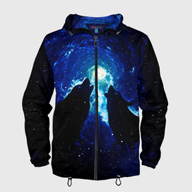 Мужская ветровка 3D с принтом КОСМИЧЕСКИЙ ВОЛК в Екатеринбурге, 100% полиэстер | подол и капюшон оформлены резинкой с фиксаторами, два кармана без застежек по бокам, один потайной карман на груди | вой | волк | вселенная | галактика | звёзды | космос
