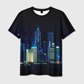 Мужская футболка 3D с принтом СВЕТЯЩИЙСЯ ГОРОД в Санкт-Петербурге, 100% полиэфир | прямой крой, круглый вырез горловины, длина до линии бедер | вышки | город | здание | мегаполис | неон