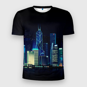 Мужская футболка 3D спортивная с принтом СВЕТЯЩИЙСЯ ГОРОД , 100% полиэстер с улучшенными характеристиками | приталенный силуэт, круглая горловина, широкие плечи, сужается к линии бедра | вышки | город | здание | мегаполис | неон