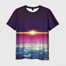 Мужская футболка 3D с принтом МЕЖДУ НЕБОМ И ЗЕМЛЁЙ в Белгороде, 100% полиэфир | прямой крой, круглый вырез горловины, длина до линии бедер | земля | космос | лучи. звёзды | облака | рассвет | солнце
