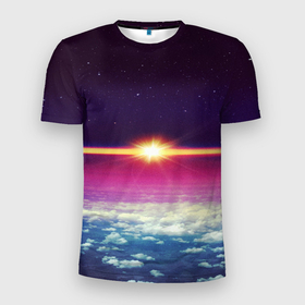 Мужская футболка 3D спортивная с принтом МЕЖДУ НЕБОМ И ЗЕМЛЁЙ в Кировске, 100% полиэстер с улучшенными характеристиками | приталенный силуэт, круглая горловина, широкие плечи, сужается к линии бедра | земля | космос | лучи. звёзды | облака | рассвет | солнце