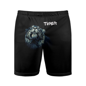Мужские шорты спортивные с принтом Тигр в Екатеринбурге,  |  | дикие животные | надпись | синий | тигр