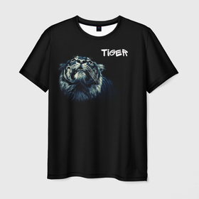 Мужская футболка 3D с принтом Тигр в Новосибирске, 100% полиэфир | прямой крой, круглый вырез горловины, длина до линии бедер | дикие животные | надпись | синий | тигр