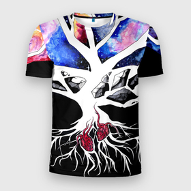 Мужская футболка 3D Slim с принтом Звёздные сердца в Санкт-Петербурге, 100% полиэстер с улучшенными характеристиками | приталенный силуэт, круглая горловина, широкие плечи, сужается к линии бедра | звёзды | иллюзия | корни | космос | рисунок | сердце