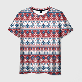 Мужская футболка 3D с принтом Этнический красно синий узор в Тюмени, 100% полиэфир | прямой крой, круглый вырез горловины, длина до линии бедер | красный и синий | молодежный | новогодний | орнамент | полосатый | популярный | рождественский | этнический
