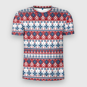 Мужская футболка 3D Slim с принтом Этнический красно синий узор в Екатеринбурге, 100% полиэстер с улучшенными характеристиками | приталенный силуэт, круглая горловина, широкие плечи, сужается к линии бедра | красный и синий | молодежный | новогодний | орнамент | полосатый | популярный | рождественский | этнический