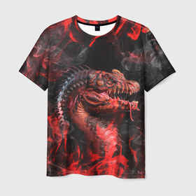 Мужская футболка 3D с принтом Опасный Динозавр | Red Dino (Z) в Тюмени, 100% полиэфир | прямой крой, круглый вырез горловины, длина до линии бедер | dino | dinosauria | red dino | t rex | ti rex | дино | динозавр | красный динозавр | парк юрского | т рекс | ти рекс | хищник | чудовище | юрский период | ящер | ящерица
