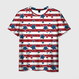 Мужская футболка 3D с принтом Синие звезды на полосатом фоне в Курске, 100% полиэфир | прямой крой, круглый вырез горловины, длина до линии бедер | звезды | красные полосы | молодежный | патриотический | полосатый | синий | синий и красный | современный