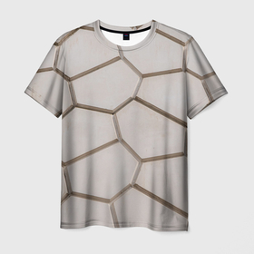 Мужская футболка 3D с принтом Ячейки , 100% полиэфир | прямой крой, круглый вырез горловины, длина до линии бедер | 3d | бежевый | бетон | плиты | серый | соты | спокойный | структура | текстура | ячеистый