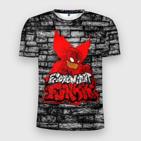 Мужская футболка 3D спортивная с принтом Friday Night Funkin TrickyWall в Новосибирске, 100% полиэстер с улучшенными характеристиками | приталенный силуэт, круглая горловина, широкие плечи, сужается к линии бедра | black | brick | character | clown | demon | fire | fnf | friday night funkin | red | tricky | white | белый | буквы | демон | игра | картинка | кирпич | клоун | красный | логотип | микрофон | огонь | персонаж | рисовка | трещины | трики | фра