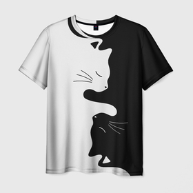 Мужская футболка 3D с принтом Коты инь янь в Санкт-Петербурге, 100% полиэфир | прямой крой, круглый вырез горловины, длина до линии бедер | cat | домашние животные | звери | инь и янь | инь янь | кот | коты | кошка | кошки | черно белое | чернобелое | черное и белое
