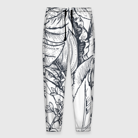 Мужские брюки 3D с принтом Тропические листья в Кировске, 100% полиэстер | манжеты по низу, эластичный пояс регулируется шнурком, по бокам два кармана без застежек, внутренняя часть кармана из мелкой сетки | plants | растения | тропические листья | цветы | чёрно белые листья