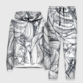 Мужской костюм 3D (с толстовкой) с принтом Тропические листья в Тюмени,  |  | Тематика изображения на принте: plants | растения | тропические листья | цветы | чёрно белые листья