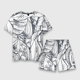 Мужской костюм с шортами 3D с принтом Тропические листья в Кировске,  |  | plants | растения | тропические листья | цветы | чёрно белые листья