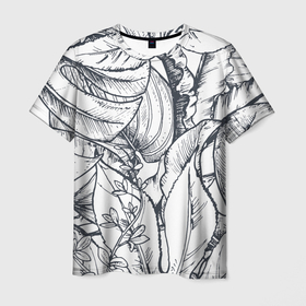 Мужская футболка 3D с принтом Тропические листья в Тюмени, 100% полиэфир | прямой крой, круглый вырез горловины, длина до линии бедер | plants | растения | тропические листья | цветы | чёрно белые листья