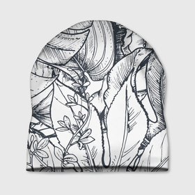Шапка 3D с принтом Тропические листья в Тюмени, 100% полиэстер | универсальный размер, печать по всей поверхности изделия | plants | растения | тропические листья | цветы | чёрно белые листья