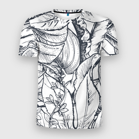 Мужская футболка 3D спортивная с принтом Тропические листья в Курске, 100% полиэстер с улучшенными характеристиками | приталенный силуэт, круглая горловина, широкие плечи, сужается к линии бедра | plants | растения | тропические листья | цветы | чёрно белые листья