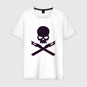 Мужская футболка хлопок с принтом Warhammer Roger в Кировске, 100% хлопок | прямой крой, круглый вырез горловины, длина до линии бедер, слегка спущенное плечо. | Тематика изображения на принте: chainsword | jolly roger | pirate | skull | warhammer | вархаммер | пиломеч | пиратский флаг | череп