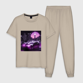Мужская пижама хлопок с принтом Neon Citroen в Тюмени, 100% хлопок | брюки и футболка прямого кроя, без карманов, на брюках мягкая резинка на поясе и по низу штанин
 | citroen | city | neon | sunset | авто | город | закат | неон | ночь | ситроен