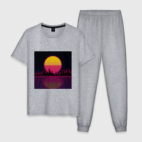 Мужская пижама хлопок с принтом Neon City , 100% хлопок | брюки и футболка прямого кроя, без карманов, на брюках мягкая резинка на поясе и по низу штанин
 | Тематика изображения на принте: city | neon | retrowave | sunset | город | закат | неон | ретровейв