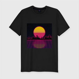 Мужская футболка хлопок Slim с принтом Neon City в Белгороде, 92% хлопок, 8% лайкра | приталенный силуэт, круглый вырез ворота, длина до линии бедра, короткий рукав | city | neon | retrowave | sunset | город | закат | неон | ретровейв