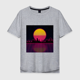 Мужская футболка хлопок Oversize с принтом Neon City в Санкт-Петербурге, 100% хлопок | свободный крой, круглый ворот, “спинка” длиннее передней части | city | neon | retrowave | sunset | город | закат | неон | ретровейв