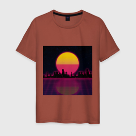 Мужская футболка хлопок с принтом Neon City в Екатеринбурге, 100% хлопок | прямой крой, круглый вырез горловины, длина до линии бедер, слегка спущенное плечо. | city | neon | retrowave | sunset | город | закат | неон | ретровейв