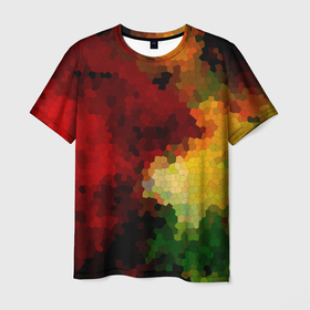 Мужская футболка 3D с принтом Абстрактная мазаика витраж     в Тюмени, 100% полиэфир | прямой крой, круглый вырез горловины, длина до линии бедер | абстрактный | витраж | желтый | красный | мозаика | разноцветный | современный | соты | текстура