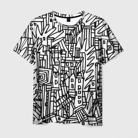Мужская футболка 3D с принтом Городской скетч в Кировске, 100% полиэфир | прямой крой, круглый вырез горловины, длина до линии бедер | белый | графика | рисунок | скетч | черный