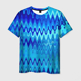 Мужская футболка 3D с принтом Синий-голубой абстрактный узор в Кировске, 100% полиэфир | прямой крой, круглый вырез горловины, длина до линии бедер | Тематика изображения на принте: абстрактный | волны | зигзаг | размытый узор | синий | современный