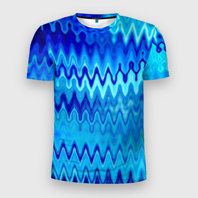 Мужская футболка 3D спортивная с принтом Синий-голубой абстрактный узор в Кировске, 100% полиэстер с улучшенными характеристиками | приталенный силуэт, круглая горловина, широкие плечи, сужается к линии бедра | Тематика изображения на принте: абстрактный | волны | зигзаг | размытый узор | синий | современный