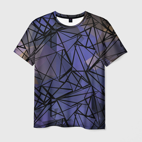 Мужская футболка 3D с принтом Синий-бежевый абстрактный узор в Курске, 100% полиэфир | прямой крой, круглый вырез горловины, длина до линии бедер | Тематика изображения на принте: абстрактный | мужской | полигональный узор | синий | современный | текстура | фиолетовый
