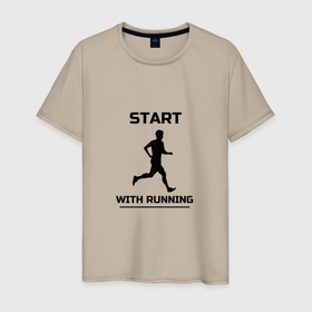 Мужская футболка хлопок с принтом Начни с бега в Петрозаводске, 100% хлопок | прямой крой, круглый вырез горловины, длина до линии бедер, слегка спущенное плечо. | runner | running | start | бег | бегун | начало